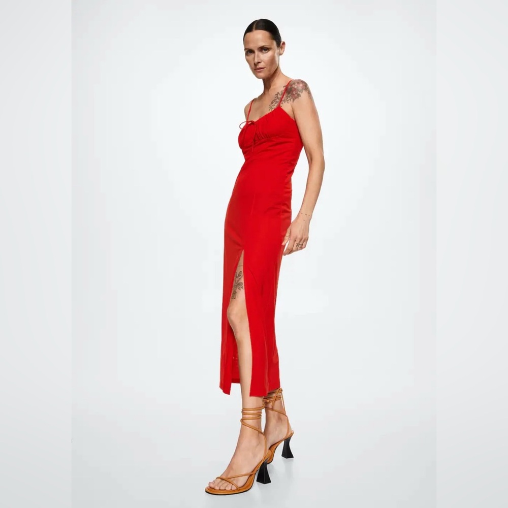 Mango Red Spaghetti Strap Long Dress with Slit, Adjustable Straps, Ruched, large